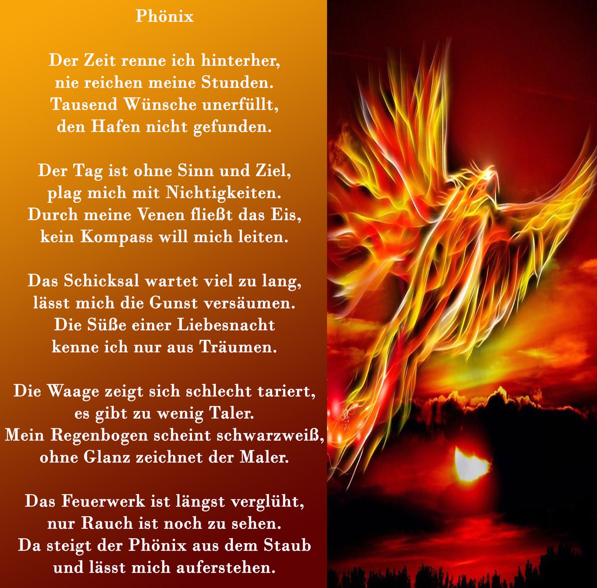 Und ist das Glas auch noch so leer 🕳️, ich lass mich nicht erschüttern 💪. Mein Schritt ist noch nicht ausgetanzt 💃 , ich sehe die Chance wittern.  🍀
#drabble
#phoenix #glückerwachen #herzschlag #schönemomente #schönesprüche #achtsamkeit #poetry #ängsteüberwinden #herzmensch