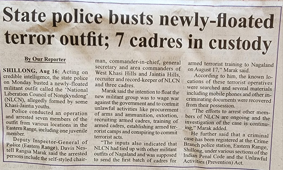 In a swift action <a href="/MeghalayaPolice/">Meghalaya Police</a> shatters the wings of a budding terrorist org -National Liberation Council of Nongkyndong. Seven accd  in police custody. Digging deeper to unravel the causes that led to formation of NLCN
Kudos to team
<a href="/SangmaConrad/">Conrad K Sangma</a> 
<a href="/PIBShillong/">PIB In Meghalaya</a> 
<a href="/proshillong/">Spokesperson & PRO Shillong, Ministry of Defence</a>