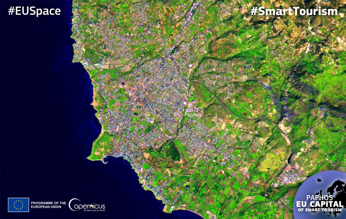 #EUSpace for #2023EUCapitals

The future of Europe will be #smart 🔄 and #sustainable ♻️

👇#Copernicus #Sentinel2 🇪🇺🛰️view of #Paphos 🇨🇾, one of the two 2023 EU capitals of #SmartTourism and the birthplace of Aphrodite 🐚