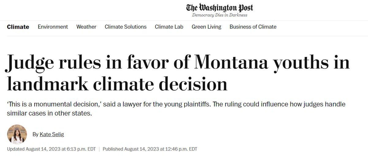 Some positive news 'Montana state court decided Monday in favor of young people who alleged the state violated their right to a “clean and healthful environment” by promoting the use of fossil fuels'. washingtonpost.com/climate-enviro…