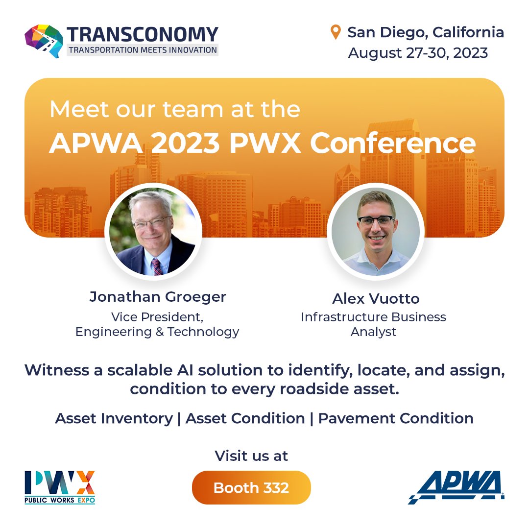 transconomy's tweet photo. Join us at Booth 332 at the #PWX2023 (@APWASanDiego) and discover our technology for collecting roadway images and extracting assets to create GIS-based inventories, and assessing the condition of transportation infrastructure using #AI.

See you in San Diego!

#Transconomy #APWA https://t.co/rTeqzHGVZs