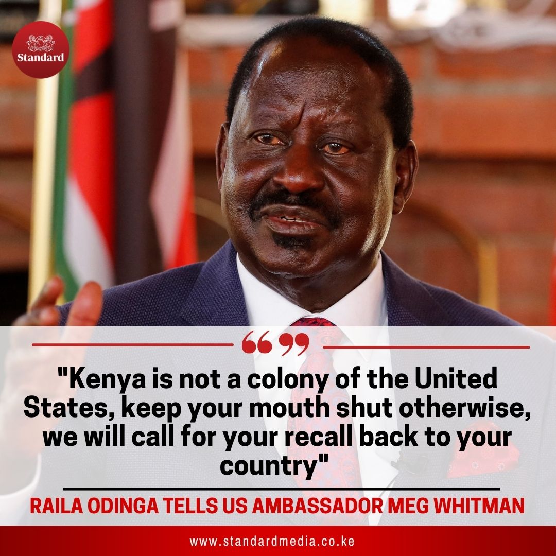 StandardKenya's tweet image. Raila Odinga to US Ambassador Meg Whitman: "Kenya is not a colony of the United States; keep your mouth shut; otherwise, we will call for your recall back to your country."
#DevolutionConference2023