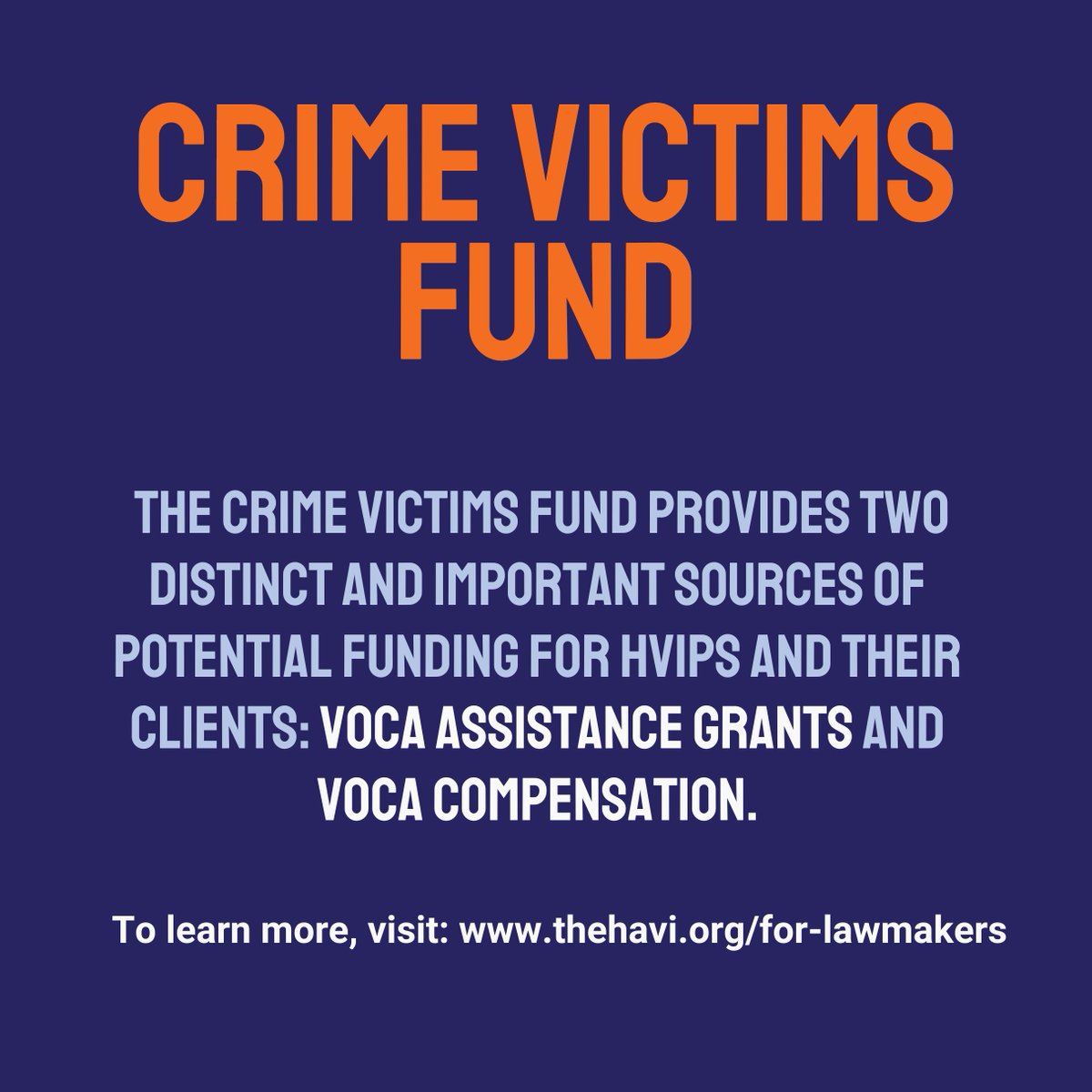 The Crime Victims Fund provides two distinct and important sources of potential funding for #HVIPs and their clients: VOCA assistance grants and VOCA compensation. 
To learn how the Victims of Crime Act (#VOCA) is used as a tool to support HVIPs, visit: buff.ly/3repT5D