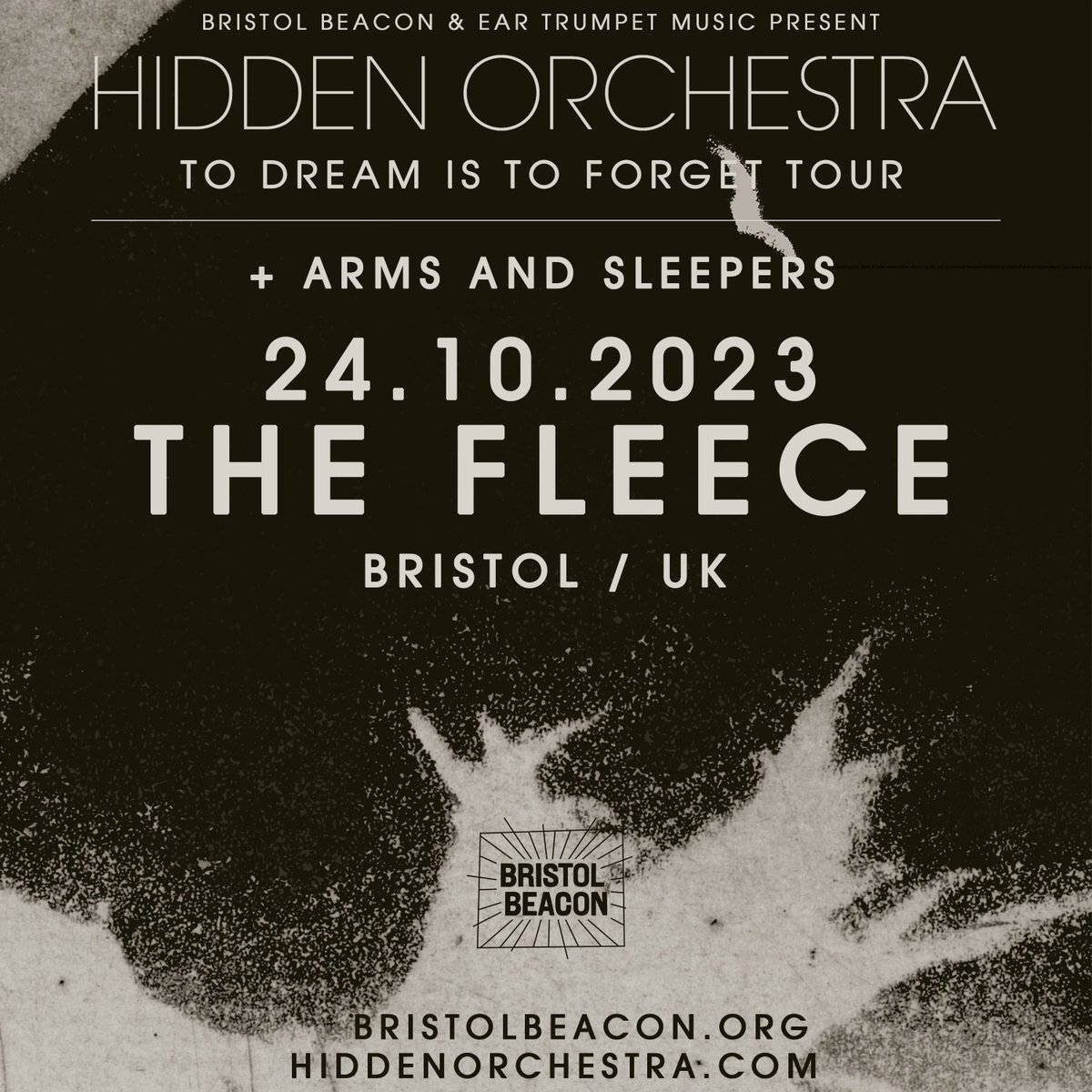 Support added: @HiddenOrchestra will be joined by trip-hop duo @ArmsandSleepers, who boast an immersive combination of oscillating electronica with cinematic visual accompaniment 🎞️ Don't miss them performing at @FleeceBristol on Tue 24 Oct. Tickets: bit.ly/3QGUp2u