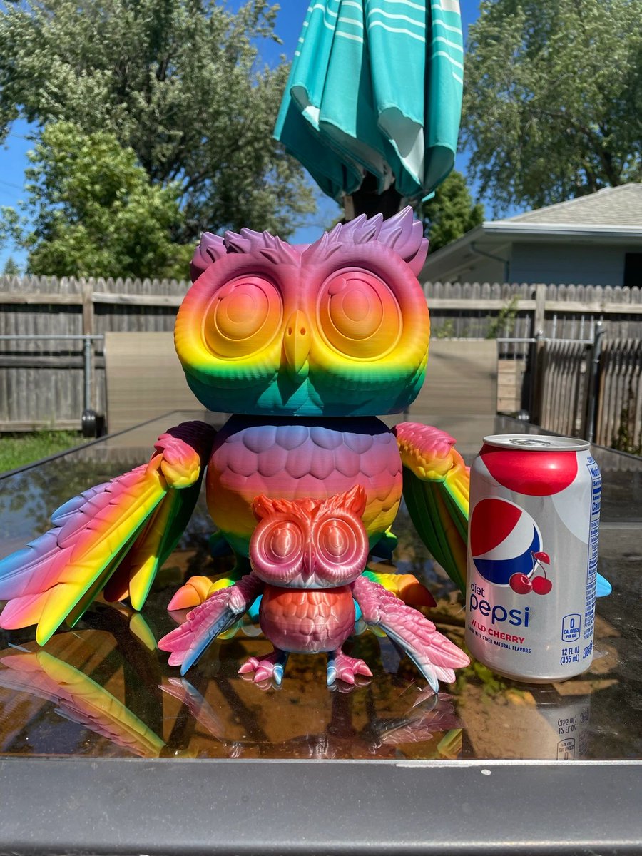 Mardi requested a big owl, so we got to it and ended up with Stanley. Over 3/4 of a spool of filament went into him! The little owl is the standard size we print for our shows and the soda can is for scale. 

#signatureink3d #flexifactory #bambulab #3dprinting