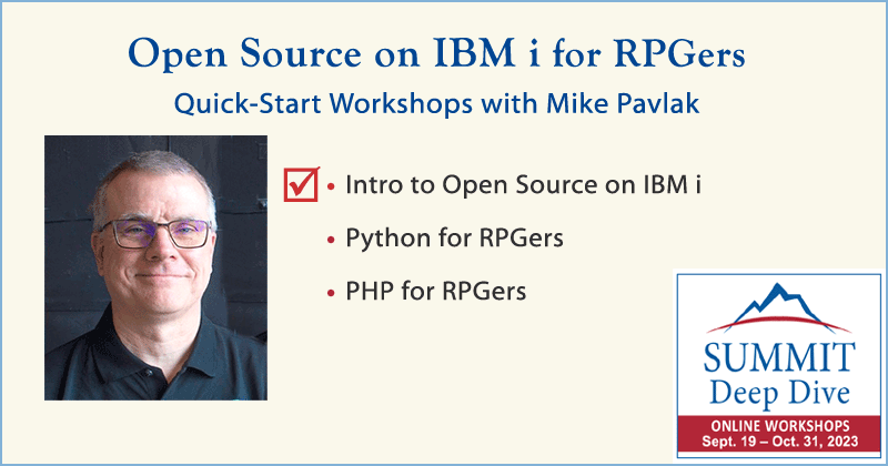 SiDforIBMi's tweet photo. In ½ day, Mike Pavlak will demystify open source terms & techniques for #RPGLE developers and #IBMi admins. Don’t get left behind with #IBMiOSS! https://t.co/88d4Ng1y5q https://t.co/M2e6TCGwUV