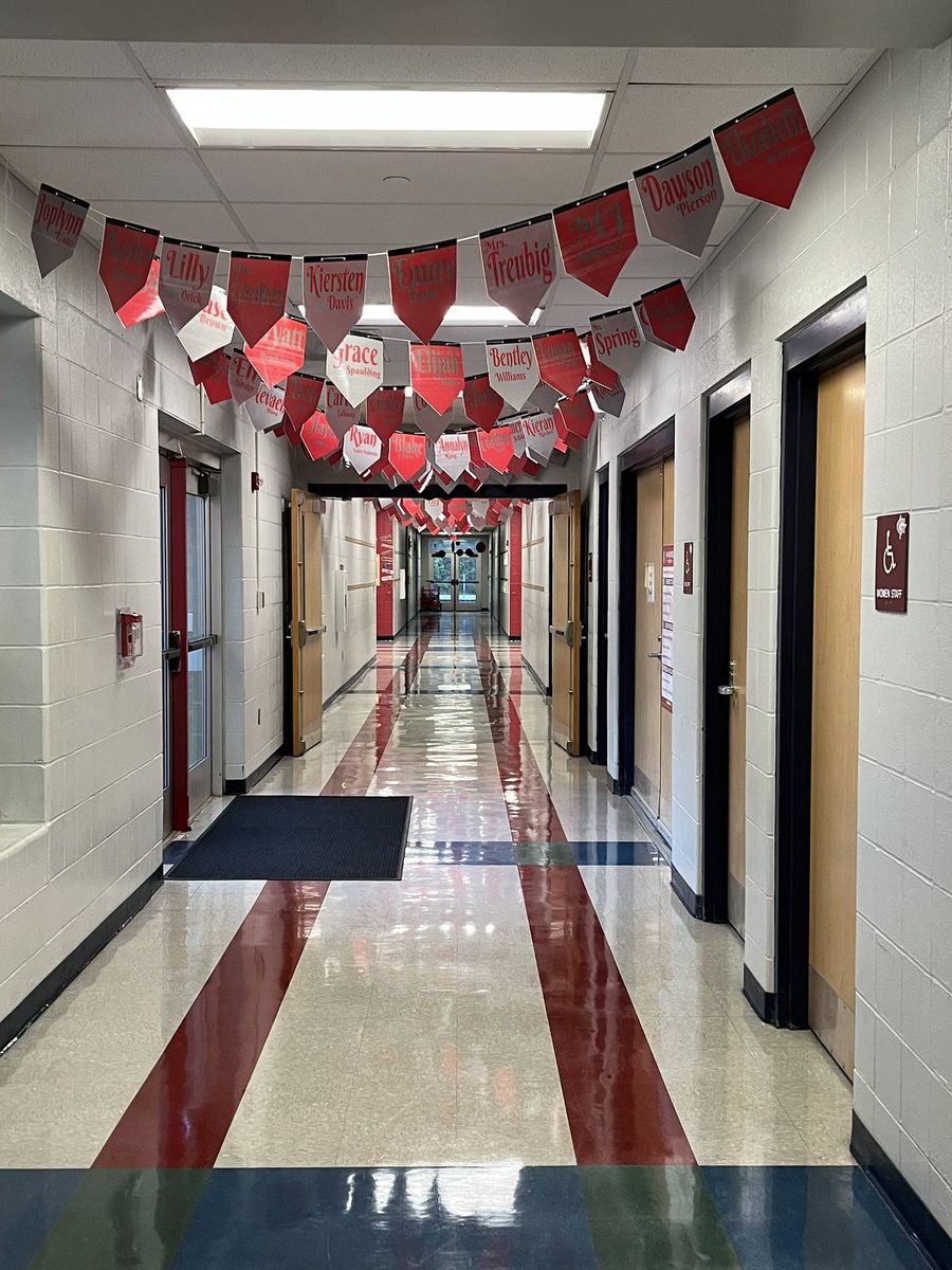 All the work I put into creating, printing, laminating, cutting, hole-punching, and hanging. Names on both sides, so 350 pennants in the main halls. #teachertwitter #exhausted #stillsmiling #1stdayofschool
