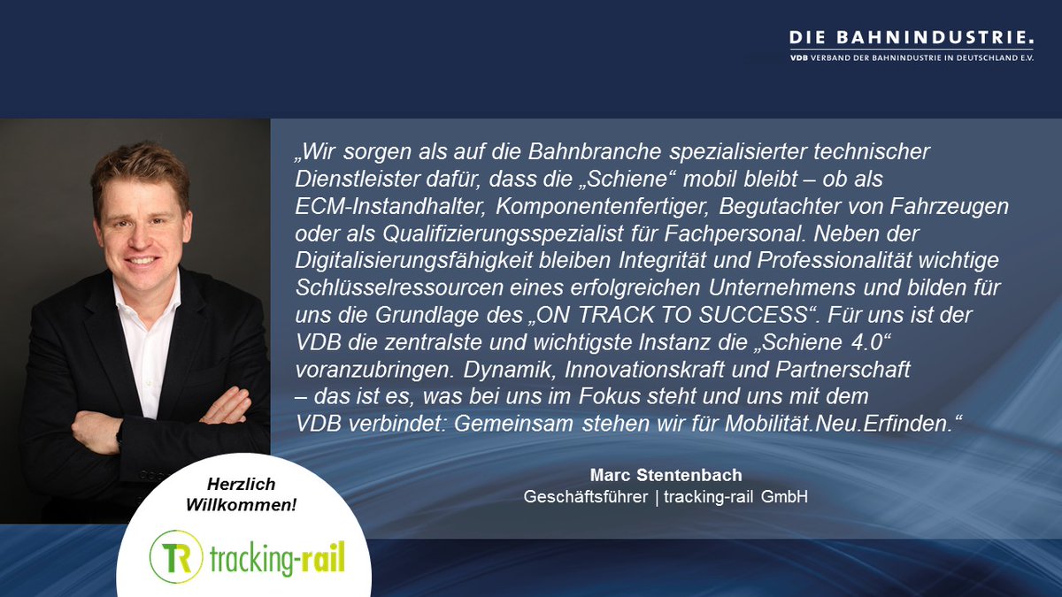 Herzlich heißen wir die @tracking_rail willkommen! Spezialist der #Bahnindustrie als ECM-Instandhalter, Komponentenfertiger, Fahrzeug-Begutachter+Qualifizierungsspezialist für Fachpersonal. Hier mehr erfahren: t.ly/e9Fdo VDB-Mitgliedschaft? bit.ly/3K8EmFY