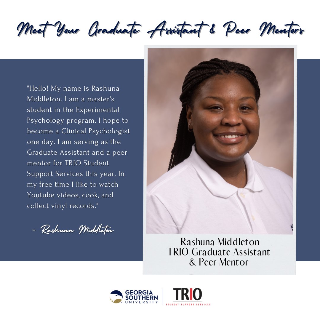 trioarmstrong's tweet image. Meet Your Mentor: Rashuna Middleton✨
Rashuna is a new Graduate Assistant and Peer Mentor for TRIO Student Support Services. In her role as mentor, Rashuna is here to help scholars succeed. 
#FirstGen #HigherEd #TRIOsss #IAMTRIO #TRIOEagles