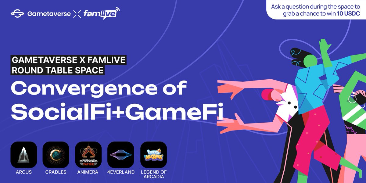 Gametaverse (@gametaversedao) on Twitter photo 📢Gametaverse x Famlive Roundtable Space
🫂Guests: <a href="/arcusgo8/">Arcus Official</a> | <a href="/cradlesio/">Cradles</a> | <a href="/animeragame/">Search for Animera</a> | <a href="/4everland_org/">4EVERLAND | Web3 AI Cloud Platform</a> | #LOA
📎Topic: Convergence of SocialFi✉️ & GameFi🎮
⏰Time: 8PM UTC+8 Aug 18
🎁Prize: 10 USDC to active ones
The link towards the Space👇
famlive.io/scheduled/1eaK… 📢Gametaverse x Famlive Roundtable Space
🫂Guests: <a href="/arcusgo8/">Arcus Official</a> | <a href="/cradlesio/">Cradles</a> | <a href="/animeragame/">Search for Animera</a> | <a href="/4everland_org/">4EVERLAND | Web3 AI Cloud Platform</a> | #LOA
📎Topic: Convergence of SocialFi✉️ & GameFi🎮
⏰Time: 8PM UTC+8 Aug 18
🎁Prize: 10 USDC to active ones
The link towards the Space👇
famlive.io/scheduled/1eaK…
