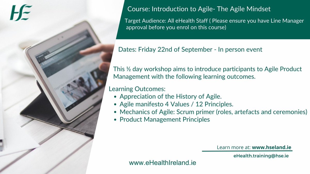 HSE Technology and Transformation (@hsetandt) on Twitter photo 📢eHealth Staff only: Introduction to Agile- The Agile Mindset in the Richmond
Enrol by closing date: 8th of September by contacting ehealth.training@hse.ie
#eHealth4all
<a href="/jcwemyss/">Joyce Shaw</a> <a href="/HSE_HSeLanD/">HSeLanD</a> 📢eHealth Staff only: Introduction to Agile- The Agile Mindset in the Richmond
Enrol by closing date: 8th of September by contacting ehealth.training@hse.ie
#eHealth4all
<a href="/jcwemyss/">Joyce Shaw</a> <a href="/HSE_HSeLanD/">HSeLanD</a>