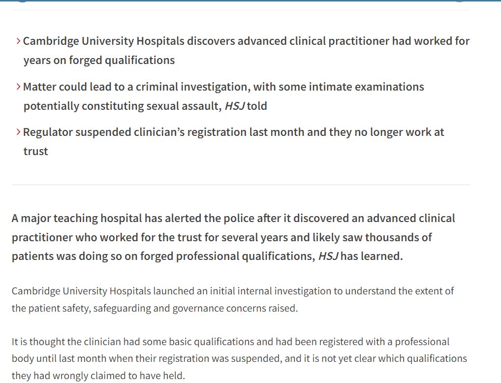 Revealed: Trust alerts police over clinician who ‘worked on forged qualifications’  

Major teaching hospital alerts police after discovering clinician who worked for trust for years &amp; likely saw thousands of patients had forged qualifications £
hsj.co.uk/cambridge-univ…
