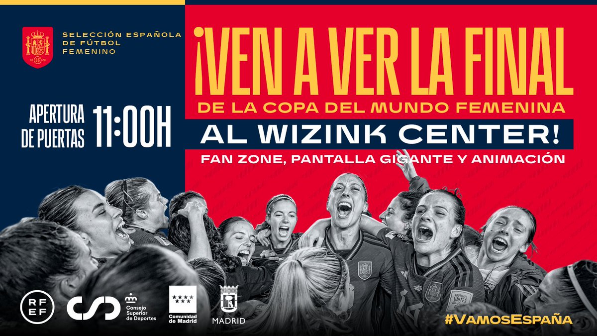 SEFutbolFem's tweet image. 🤩 Pantalla gigante y animación musical para ver la final del Mundial en el @WiZinkCenter.

🫱🏼‍🫲🏼🇪🇸 La @rfef, el @deportegob, la @ComunidadMadrid y @MADRID organizan conjuntamente una gran fiesta del deporte femenino.

ℹ bit.ly/finalmundial17…

#VamosEspaña