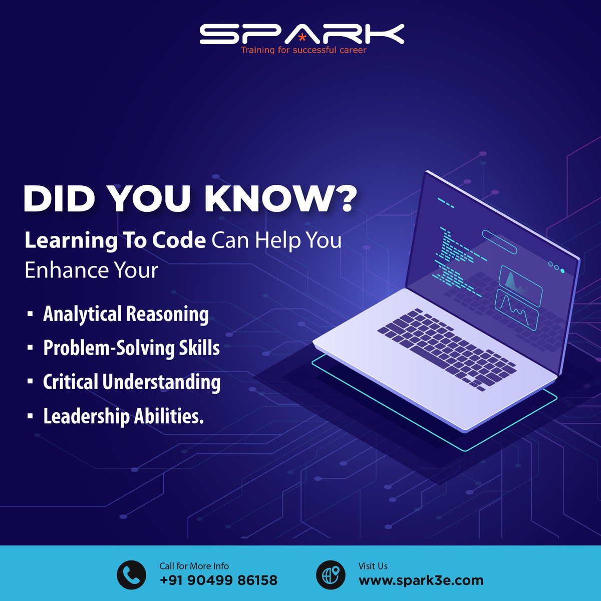 SPARK3E's tweet image. Coding is known to increase critical thinking and logical reasoning skills due to its structured nature. Coding helps general analysis of a problem and the decision-making process involved in solving it. 
call - 90499 86158 #pythonlearning #djangoframework #SPARKITTraining #Java