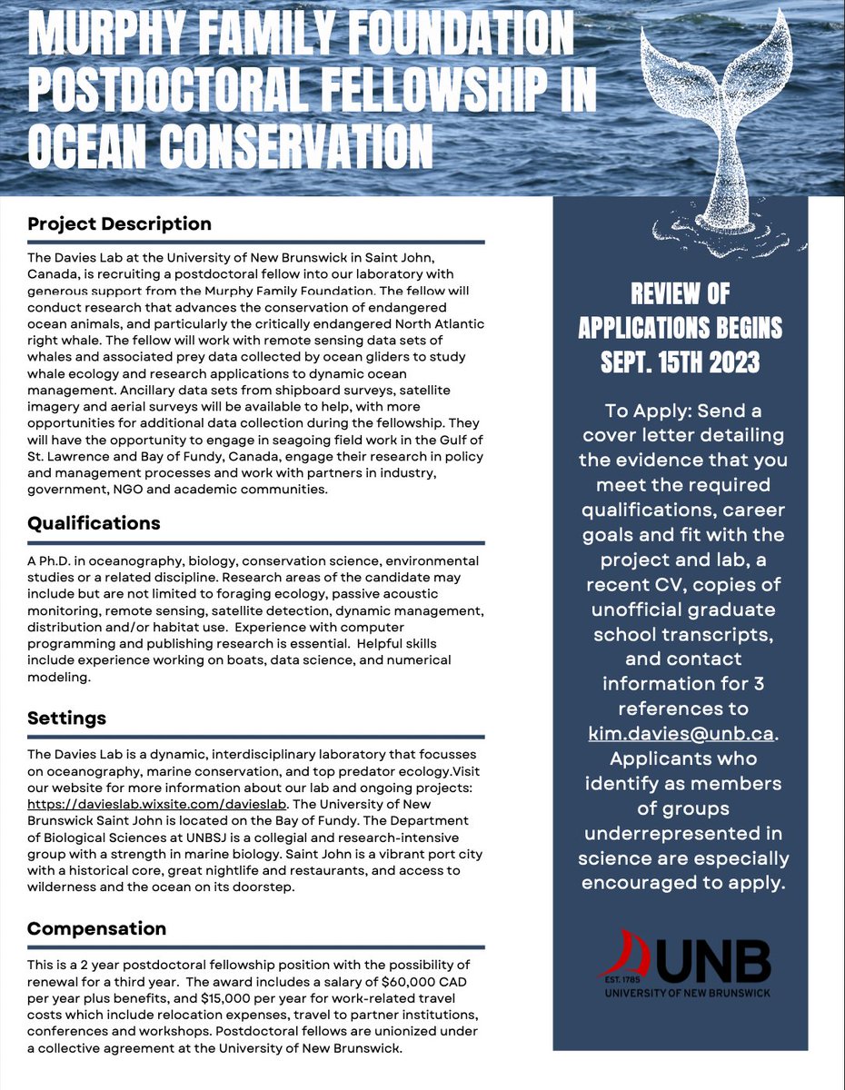 Pls RT Our lab is recruiting a postdoctoral fellow in ocean conservation w/ generous support from Murphy Family Foundation!  Come work w/ us on saving the #rightwhale using cutting edge science in partnership w/ a large community of policymakers, students & conservationists.
