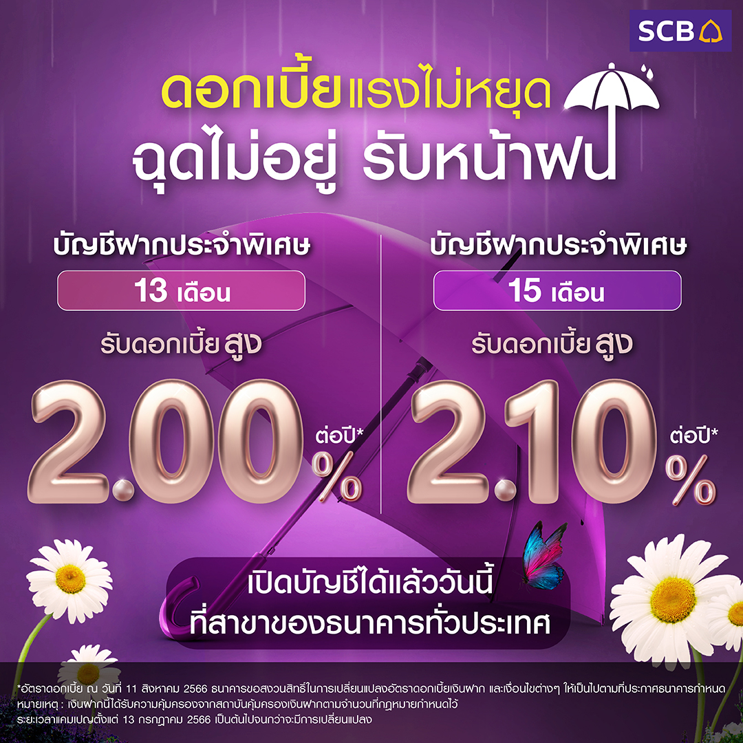scb_thailand's tweet photo. บัญชีเงินฝากประจำดอกเบี้ยสูงโดนใจ เลือกระยะเวลาการฝากได้ตามต้องการ จะเลือกฝากแบบไหนก็รับดอกเบี้ยสูง เปิดบัญชีได้แล้ววันนี้ ที่ SCB ทุกสาขา
รับเปิดบัญชีเฉพาะลูกค้าบุคคลธรรมดาเท่านั้น เป็นบัญชีแบบมีสมุดคู่ฝาก
เพิ่มเติม https://t.co/sQU501wWiq

*อัตราดอกเบี้ย ณ วันที่ 11 ส.ค.66 https://t.co/ZoSA8kYIeE