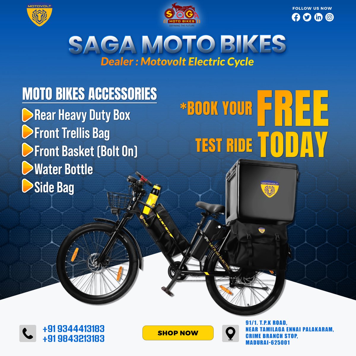 Moto Bikes Accessories - Motovolt Electric Cycle - Saga Moto Bikes #battery #ecycle #cycles #madurai #dealer #pedalassistmode #premium #EnergyStorage #trending #assistedbiking #rearheavydutybox #fronttrellisbag #Frontbasketbolton #Waterbottle #sidebag #trending #new #goodquality