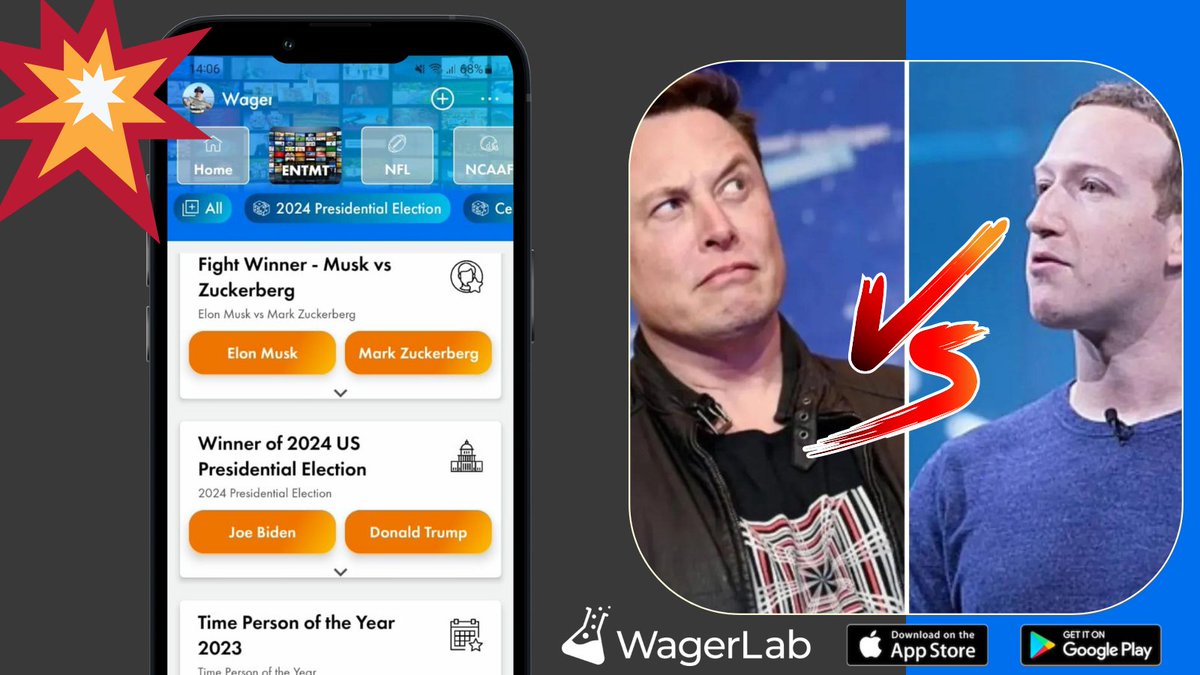 WagerLabApp's tweet photo. 💥Battle of the Billionaires 💥
👊Bet now available, make your picks! 
Challenge a friend or play against the house for fun!
Play now: https://t.co/WU0oxjUmhI 
#musk #Zuckerberg #fight  #wagerlab #betwithfriends #MuskVSZuck #MuskvsZuckerberg https://t.co/IPv0UbtOj2