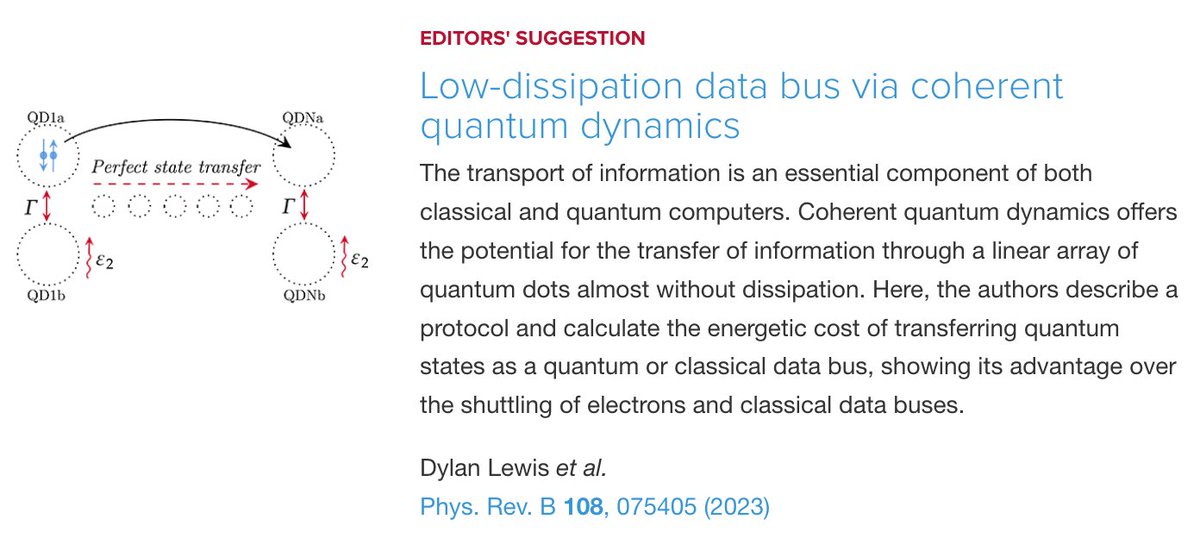 PRB Editors' Suggestion: Low-dissipation data bus via coherent #quantum #dynamics D. Lewis, J. P. Moutinho, A. T. Costa, Y. Omar, and S. Bose Phys. Rev. B 108, 075405 ➡️ go.aps.org/47naQaa #OpenAccess #EdSugg #condmat #physics @APSPhysics @UCLQuantum @YasserOmar_