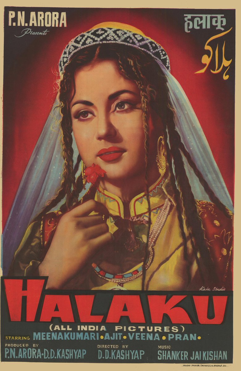 NFAIOfficial's tweet photo. Meena Kumari makes a regal appearance on the scarlet-hued poster of #Halaku (1956), directed by D.D. Kashyap. In the film, #Pran plays the titular role of the Mongol king Halaku while #MeenaKumari plays Niloufer, a young woman the ruler falls in love with. https://t.co/qzJ6jr6775