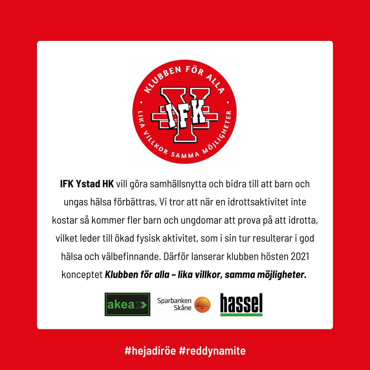 IFKYstadHK's tweet photo. 🧨 KLUBBEN FÖR ALLA 🧨

Sedan hösten 2021 har vi haft ett projekt med våra samarbetspartners som innebär bland annat gratis handboll för barn och ungdomar mellan 0-17 år, INGA träningsavgifter! Vi tror på ”Klubben för Alla - Lika villkor, samma möjligheter”. ❤️

#hejadiröe https://t.co/sokI5nwSSL