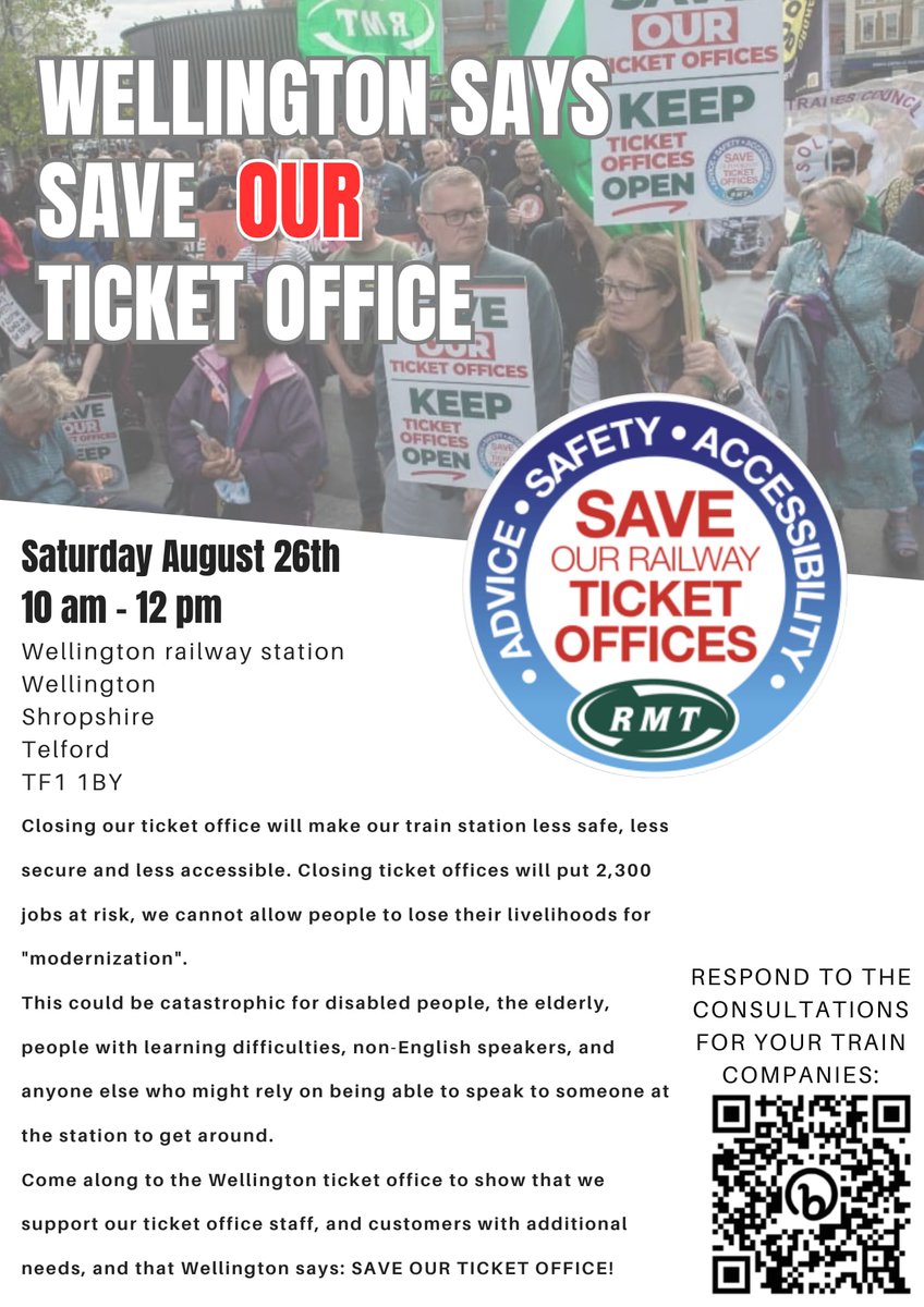 Join us at Wellington Station during the RMT strike Saturday 26th August, visit a picket then join us from 10am-12pm..

Wellington says save our ticket offices 

#Saveourticketoffices #nototicketofficeclosures #socialistworkersparty #Supportthestrikes #striketowin #RMT