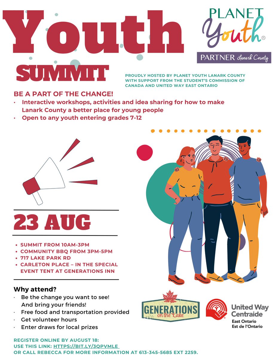 CarletonPlaceYC's tweet image. From our friends with Planet Youth Lanark County! Its a Youth Summit! Reg. today for the Planet Youth Summit on August 23. Free transportation, free food, prizes, fun and more. Their ideas will guide action to make Lanark a better place for young people: bit.ly/443cr26