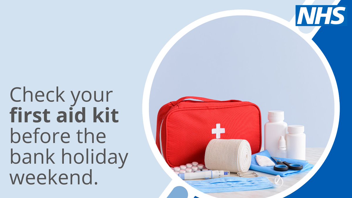 With a #BankHoliday weekend coming up (Monday 28th August), it’s a good time to check you have a well-stocked first aid kit at home or in your car.

🩹Plasters, antiseptic cream &amp; painkillers can help you deal with minor accidents &amp; injuries.

➡️nhs.uk/common-health-…