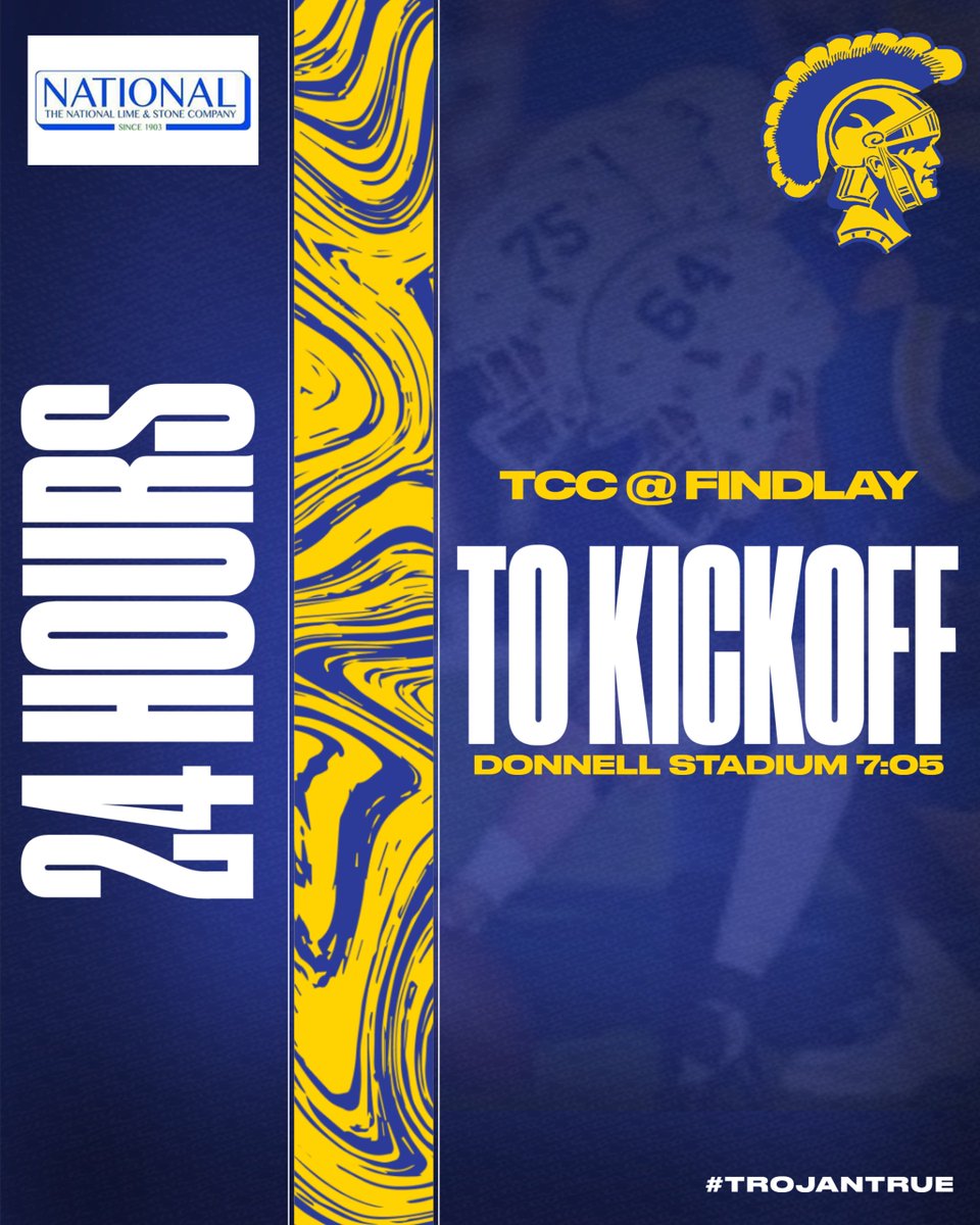 FHSAthletic's tweet image. TCC @ Findlay - Friday, Aug. 18, 7:05 Kickoff, Donnell Stadium!  Gates open at 5:30. Tickets: FindlayTrojans.com.  $10 Cash at NW Gate only.  Stream - BCSN now.  Senior Night - Band, CC, Golf, Tennis, Cheer, Football. 5:45.  Game Sponsor - National Lime &amp;amp; Stone.  #TrojanTrue