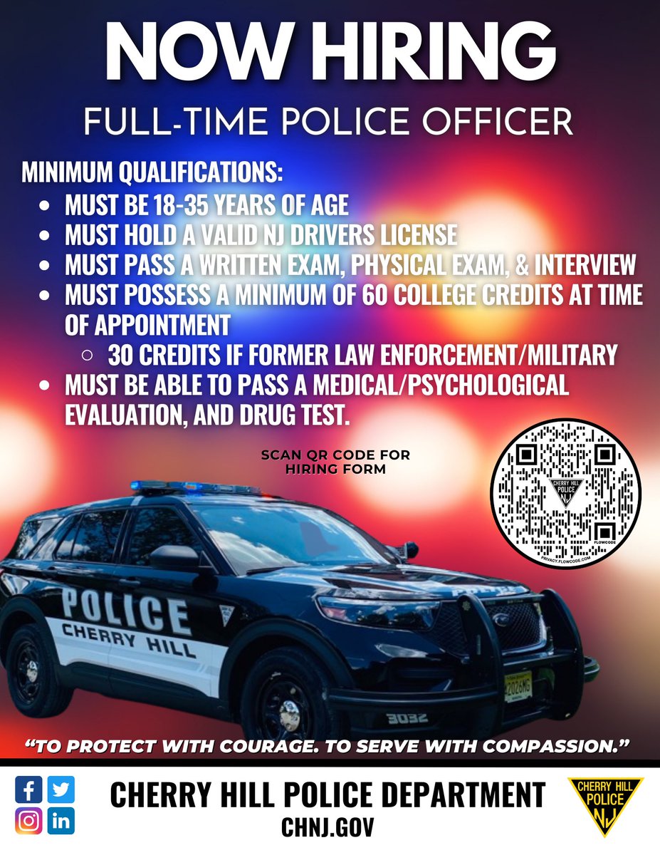 Cherry Hill Police Department (@cherryhillpd) on Twitter photo Now Hiring for the position of Police Officer!
Qualifications: chnj.gov/1323/Police-Of…
Apply here: chnj.gov/FormCenter/Che…
Please email all comments to CHPDSocialMedia@cherryhillpolice.com
#Cherryhillpd Now Hiring for the position of Police Officer!
Qualifications: chnj.gov/1323/Police-Of…
Apply here: chnj.gov/FormCenter/Che…
Please email all comments to CHPDSocialMedia@cherryhillpolice.com
#Cherryhillpd