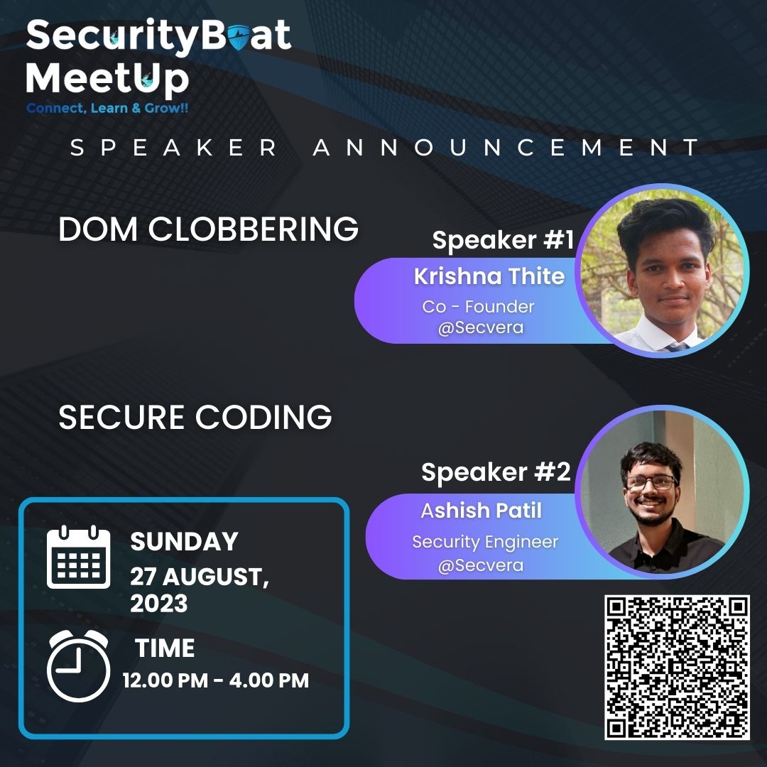 Securityb0at's tweet photo. Thrilled to announce our speakers for the upcoming event:

🎤 Krishna Thite - Co-Founder @Secvera
🎤 Ashish Patil - Security Engineer @Secvera

Prepare for insightful talks and learning! 🚀🔒 #SBMeetup #Cybersecurity #Infosec #SpeakerAnnouncement  #learning #securityboat https://t.co/xX0ZQkhFAJ