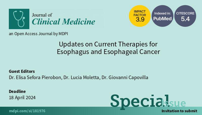 UpperGIPadova's tweet photo. @espierobon, Lucia Moletta and @ciompacapo88 proudly guest editors for the special issue of Journal of Clinical Medicine (JCM) MDPI on “Updates on Current Therapies for Esophagus and Esophageal Cancer”. 

Ready to review your submissions 💪🏻

#UpperGIPadova
#EsophagealCancer https://t.co/nCjp0fZGgt