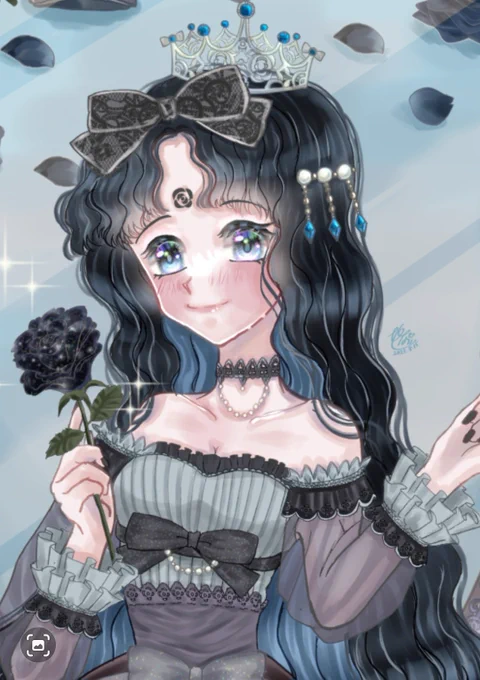 黒薔薇のお姫様のイラストは「黒色」をどんな風に表現するかの挑戦でした。冷たい黒ではなく暖かみのある優しい黒を目指しました。黒と言っても一色ではなく様々なベースの色があり面白かったです。私なりの「黒」が表現出来ていたら成功かなと思っています! 