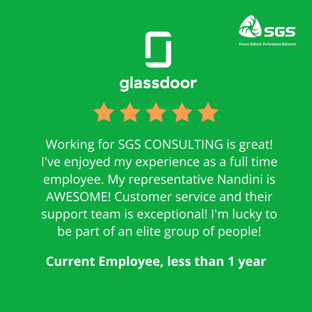 Thank you for the positive feedback! Nandini and the team are exceptional. Thrilled to be part of SGS Consulting's success journey!

#sgsconsulting #glassdoor #glassdoorreview #consultingfirm #staffingagency #beststaffingagency