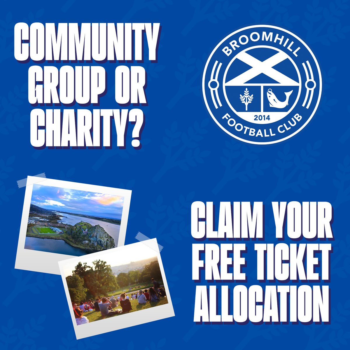 📣 Calling community groups &amp; charities in the Dumbarton area! Claim your free ticket allocation to Broomhill matches this season! Tweet us or email community@broomhillfc.com

Please help to spread the word <a href="/MartinJDocherty/">Martin Docherty-Hughes 🕊</a>, <a href="/jackiebmsp/">Jackie Baillie</a>, @MartinRooney9, <a href="/activeschoolsWD/">Active Schools West Dunbartonshire</a>