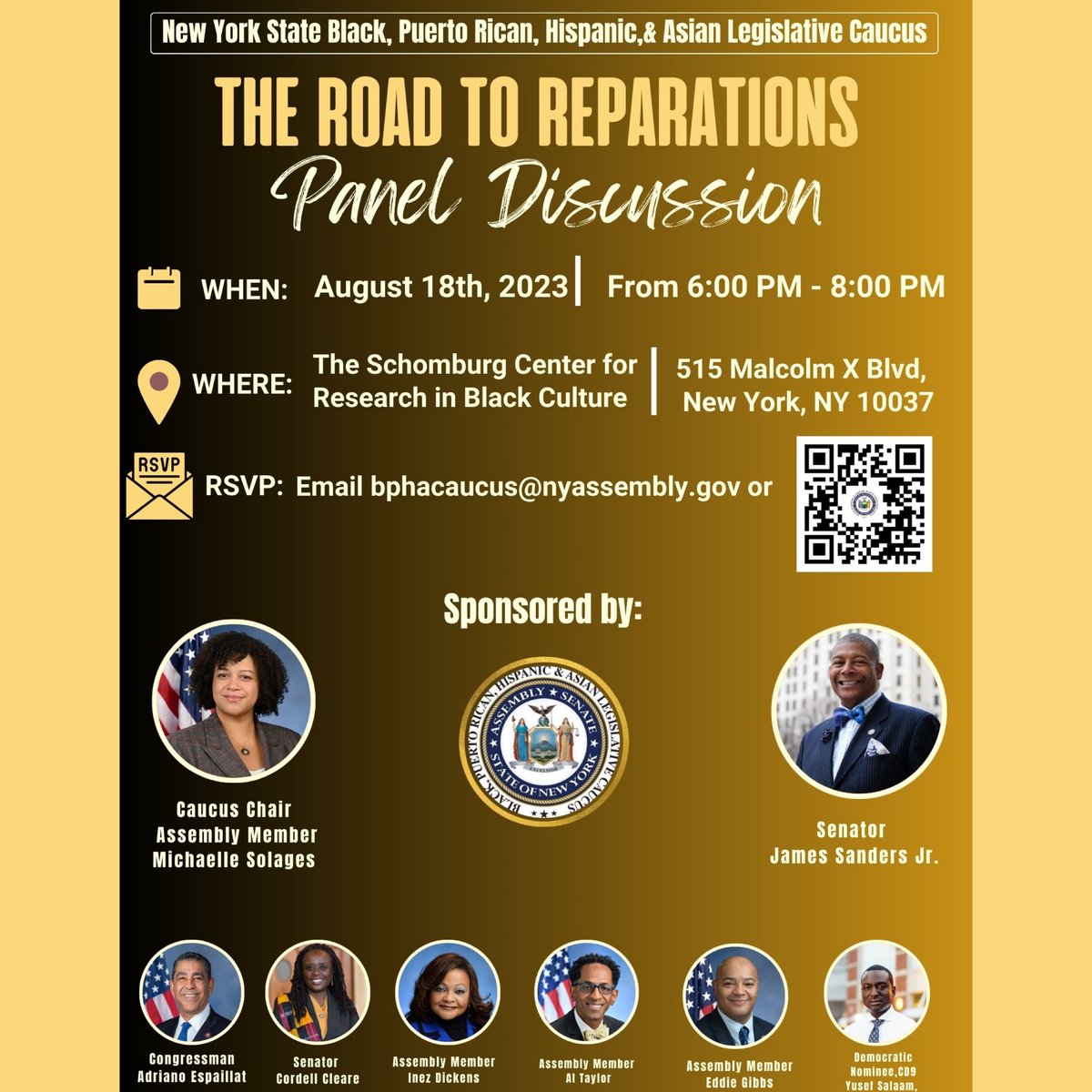 Inez E. Dickens encourages you to come out and join Senator James Sanders and Assembly Member Michelle Solanges &amp; the NYSBPRHAL Caucus in discussion with this panel regarding the road to reparation. Please SHARE! #Reparations #Harlem #TheEmpireState