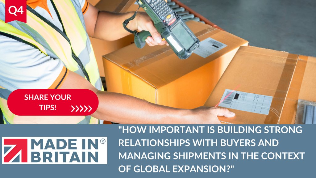 MadeinBritainGB's tweet photo. Q4. How important is building strong relationships with buyers and managing shipments in the context of global expansion?
Share your tips for successful international collaborations!
#MadeinBritainHour #MiBHour #MadeinBritain #UKMFG https://t.co/aJ1srQuiMF