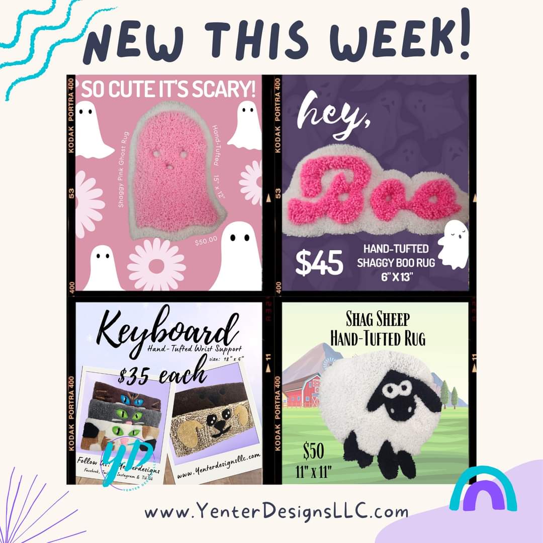 So many new rugs this week!  Head over to yenterdesignsllc.com to place your order! All newly posted rugs from this week will ship same day or SWFL local pickup. #handtuftedrugs #smallbusiness #ghosts #boo #sheep #cats #dogs #wristsupport #whimsical #yenterdesigns