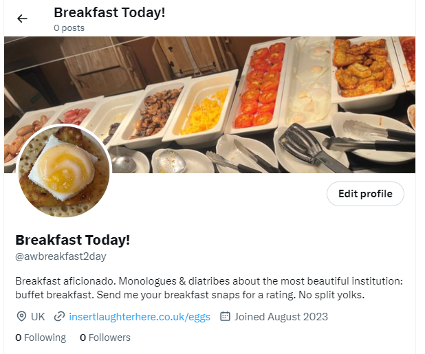 Hey! Please follow my new account if you're into breakfasts... <a href="/awbreakfast2day/">Breakfast Today!</a>