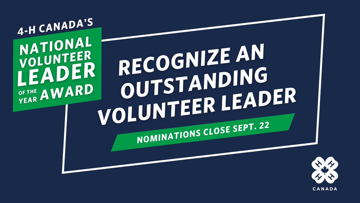 Show some recognition for your amazing 4-H club leader by nominating them for the National Volunteer Leader of the Year Award. 💚🏆 

Find full details and submit a nomination today at: 4-h-canada.ca/awards/volunte….  

#4HAwards