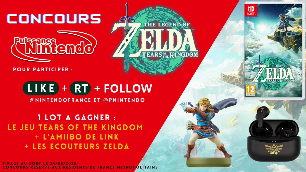 #CONCOURS De super vacances avec The Legend Of Zelda: #TearsOfTheKingdom sur #NintendoSwitch ! On t'offre le jeu, amiibo de Link et des écouteurs Zelda ❤️
Pour jouer:
- Suis les comptes @PNintendo et <a href="/NintendoFrance/">Nintendo France</a>,
- Like et RT ce tweet avant le 23/08/23 à 23h59. Bonne chance🍀