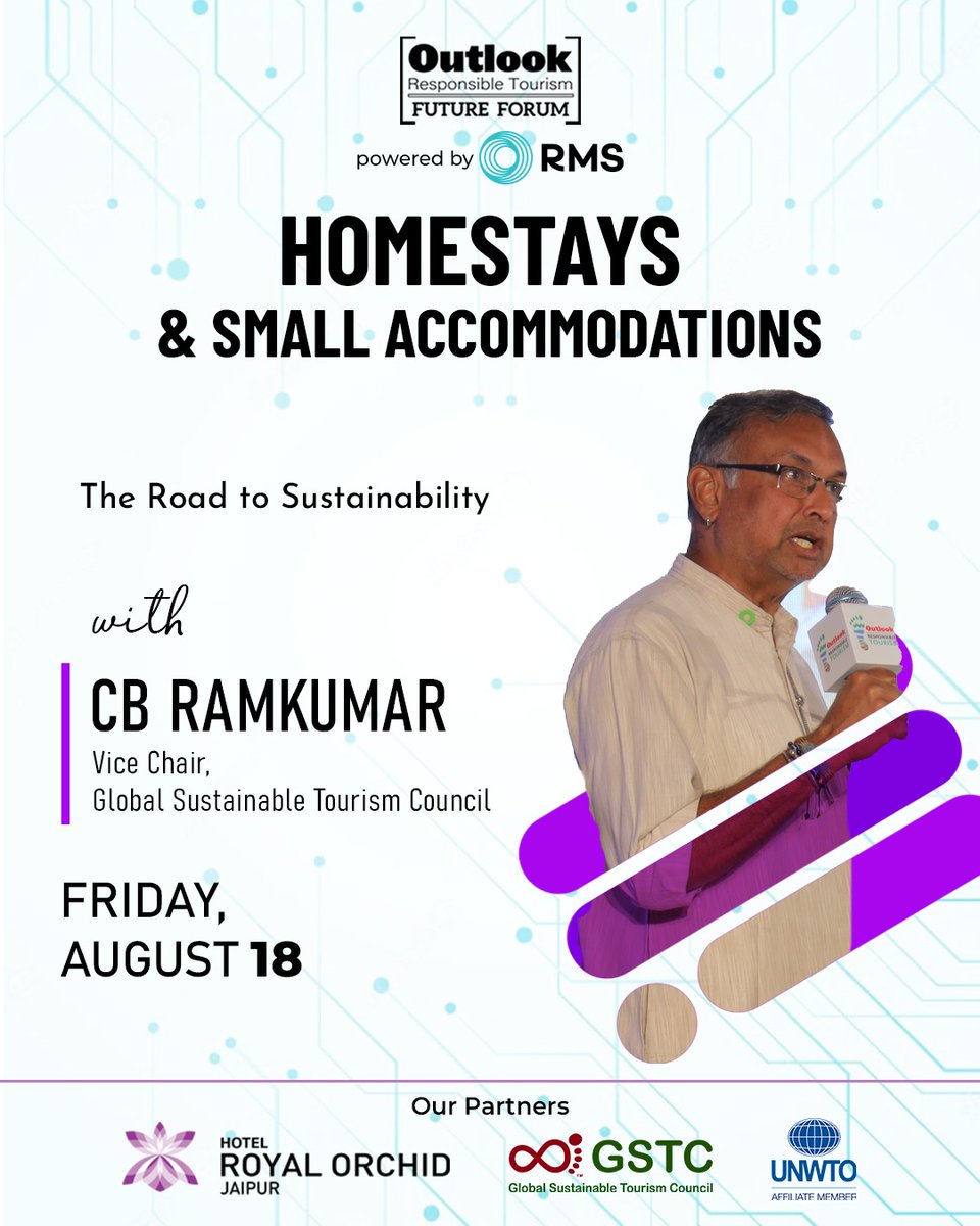oltraveller's tweet photo. #RMScloud | CB Ramkumar is the Vice Chair, Global Sustainable Tourism Council.
He wears several hats - an author, speaker, trainer, consultant, entrepreneur, and farmer, Ram guides and trains individuals and corporations on their sustainability journey, in alignment with the UN SDGs.
Join him and our other speakers at the Outlook Responsible Tourism x RMS Cloud Future Forum at Hotel Royal Orchid, Jaipur on 18th August!
@Outlook_RT
@GSTC_ @cbramkumar
#Hotels #Homestays #Hospitalitytechnology #Cloud #AI #ML #Sustainablity #CarbonNeutrality #OutlookTraveller #ResponsibleTourism #UNWTO