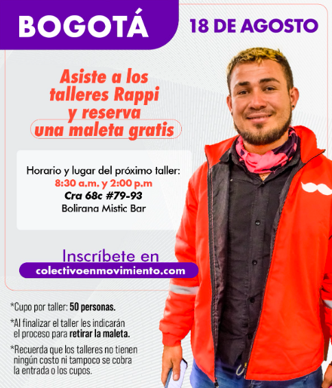 ColEnMovimiento's tweet photo. Compañeros, por acá les compartimos los lugares y horas de mañana de los talleres Rappi de uso y acercamiento. Recuerden inscribirse en https://t.co/OiIvXeTA0t  

Pasen el dato a otros compañeros 😎 https://t.co/gV1gvvYOSt