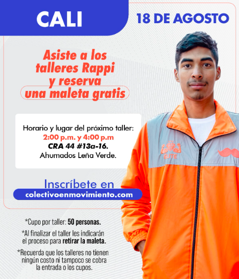 ColEnMovimiento's tweet photo. Compañeros, por acá les compartimos los lugares y horas de mañana de los talleres Rappi de uso y acercamiento. Recuerden inscribirse en https://t.co/OiIvXeTA0t  

Pasen el dato a otros compañeros 😎 https://t.co/gV1gvvYOSt