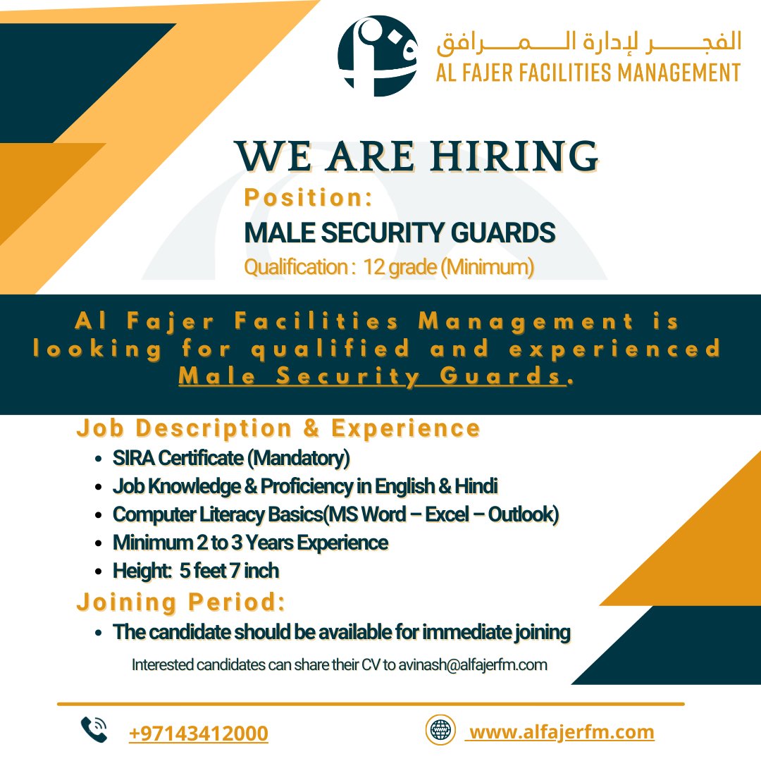 alfajerfm's tweet photo. 👮Urgent!
Al Fajer FM is hiring qualified and experienced Male Security Guards. Interested candidates can send their CV to the email address mentioned below.
avinash@alfajerfm.com

#securityguard
#malesecurityguard
#UrgentHiring

https://t.co/atTq9UgWSl https://t.co/PYeKl9qr3a