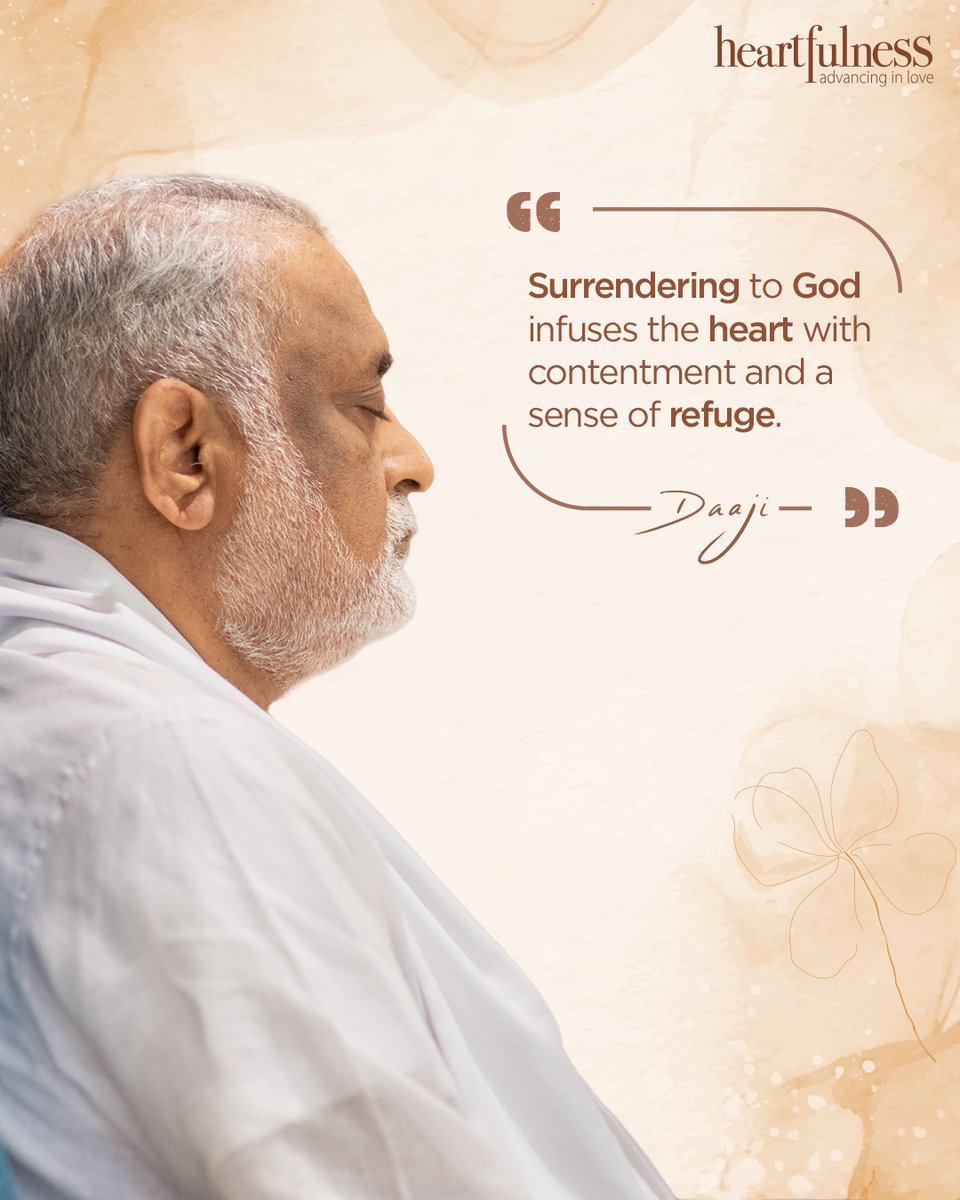kamleshdaaji's tweet photo. Amid life's twists and turns, there exists a profound solace in the act of surrendering to God. Like a gentle river that finds its course, relinquishing control infuses the heart with an enduring sense of contentment and an unwavering refuge.

In trust, we discover the tranquility that comes from placing our worries and burdens in higher hands, allowing us to navigate the currents of existence with newfound grace and inner peace.

@heartfulness 

#Daaji #Surrender #God #Heart #Contentment #Refuge