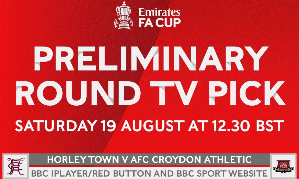 NEXT UP⏩️🎥 Saturday we host @AFCCroydonAth in the @EmiratesFACup preliminary Round🏆 🗓️19th Aug 📍The New Defence RH6 8SP ⏰ 12:30 KO/Entry from 11am 🎟️£8 Adults/£4 conc/u16 Free 🍺🍔Bar & Hatch open Available live via @BBCiPlayer, Red Button and @BBCSport 📺🎥 #HTFC 🟣🔵