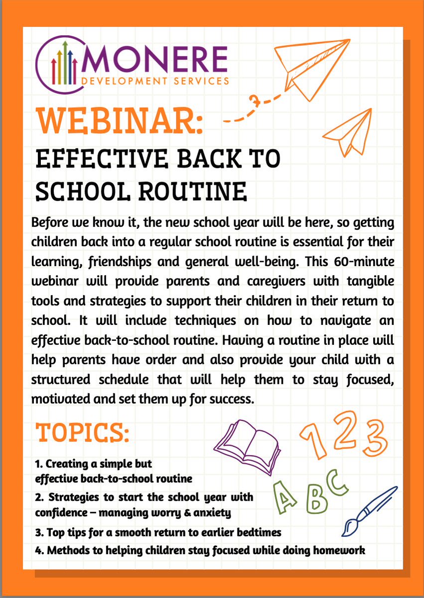MONERE Development Services (@moneredev) on Twitter photo Prepare for the new academic year with our exclusive Back to School Webinar 💻🎒
Join our expert speakers as they share valuable strategies for a successful school year ahead 👩🏫✅
To book, contact us by:
☎️058 75000
📧info@moneredevelopmentservices.com
#parentingwebinar Prepare for the new academic year with our exclusive Back to School Webinar 💻🎒
Join our expert speakers as they share valuable strategies for a successful school year ahead 👩🏫✅
To book, contact us by:
☎️058 75000
📧info@moneredevelopmentservices.com
#parentingwebinar