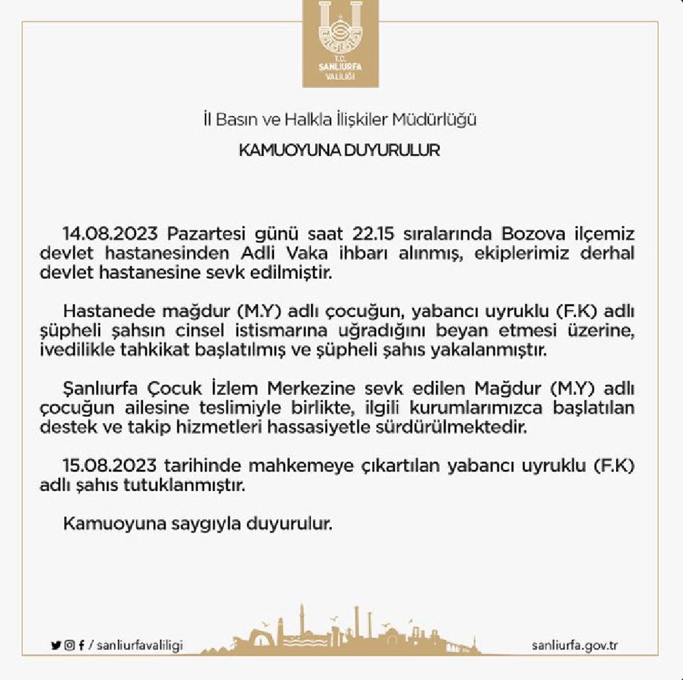 Şanlıurfa Valiliği, Suriyeli sığınmacının küçük bir çocuğa tecavüz ettiğini doğruladı.

Sebep olan her kim varsa Allah belasını versin.
#suriyeliler 
#sığınmacıistemiyoruz