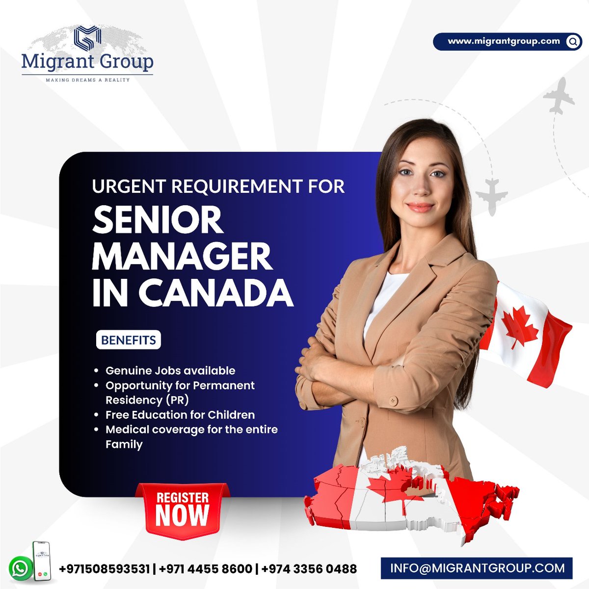 🌟 Explore New Horizons in Canada as a Senior Manager! 🌟

How to Apply: contact us today at:
📞 +971 508593531
📞 +971 44558600
📞 +974 33560488
📧 Email: info@migrantgroup.com

#canadacareeropportunities 
#seniormanagerrole 
#princanada 
#familyhealthcare 
#educationforall